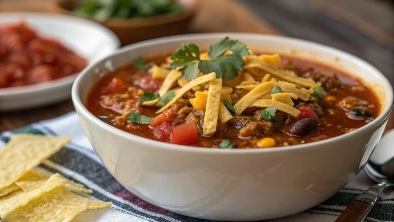 A bowl of taco soup frios served with a dollop of sour cream, fresh cilantro, and a handful of tortilla chips on the side.