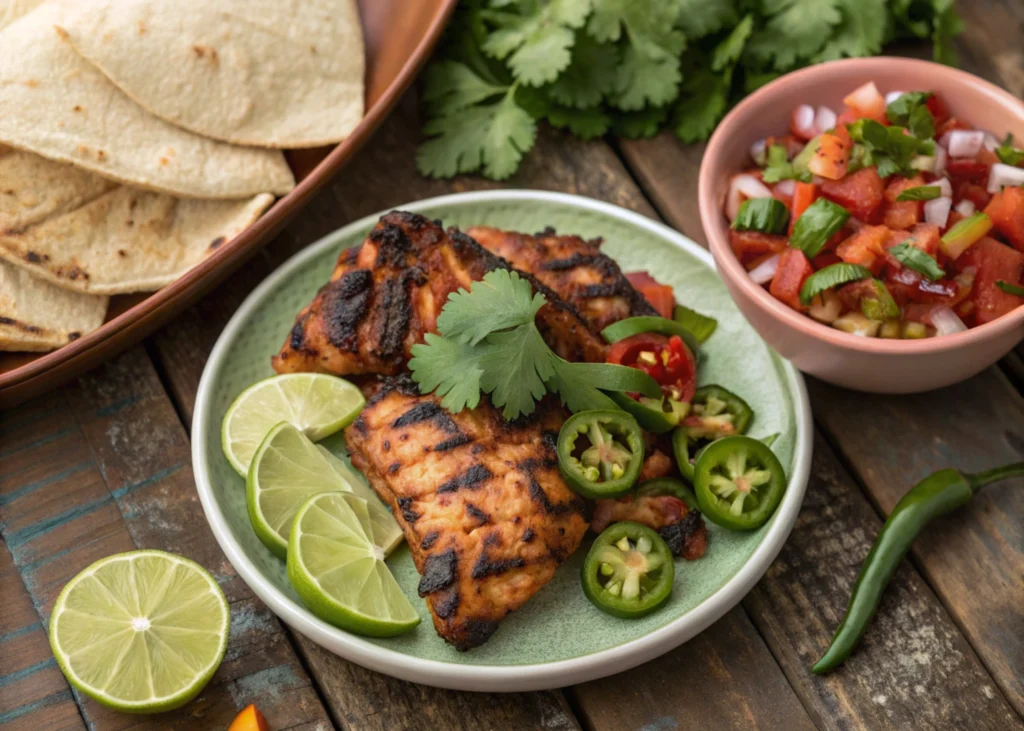 Grilled chicken marinated in San Antonio-style Mexican marinade served with lime wedges, jalapeños, and cilantro on a rustic table