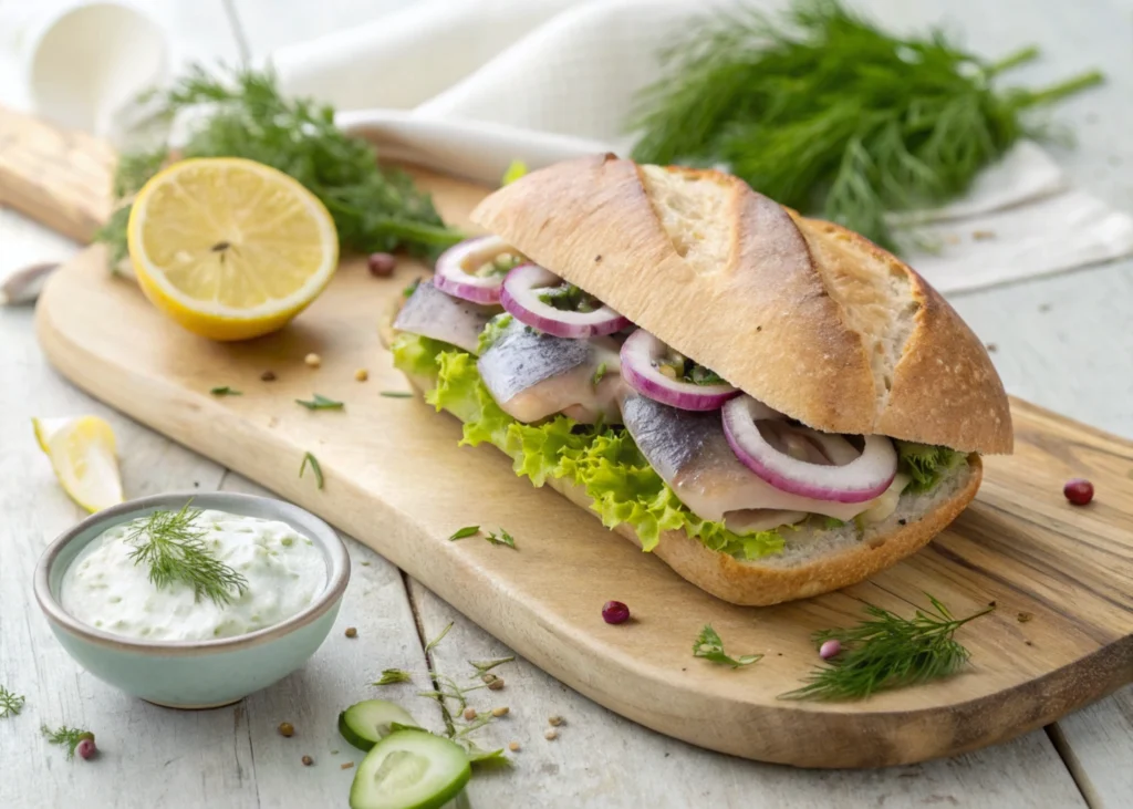 A step-by-step illustration showing how to assemble a traditional German matjesbrötchen sandwich, featuring matjes herring, lettuce, onions, and creamy dill sauce in a crusty bread roll.