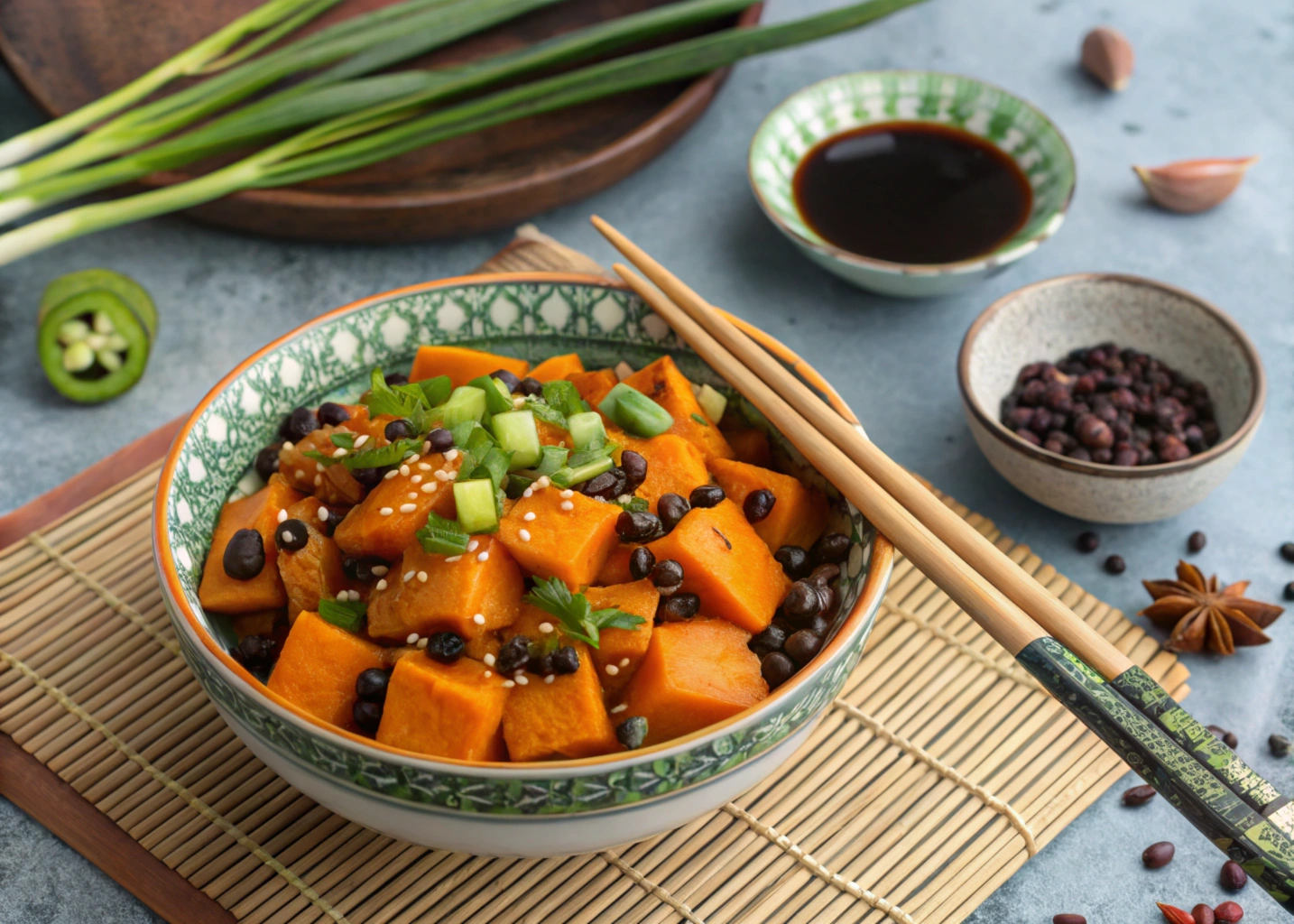 Step-by-step preparation of braised kabocha squash with fermented black beans, showing peeling, slicing, sautéing aromatics, adding sauce, and simmering.