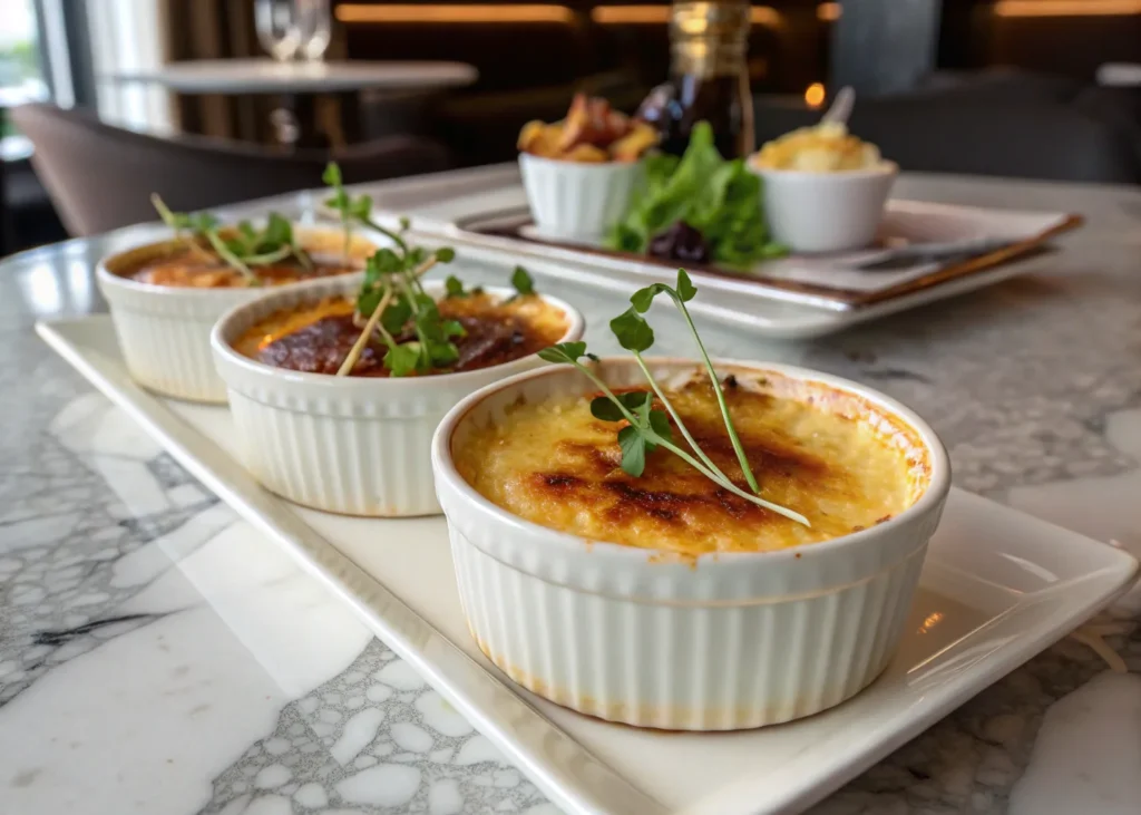 Garnished crab brulee for a dinner party.